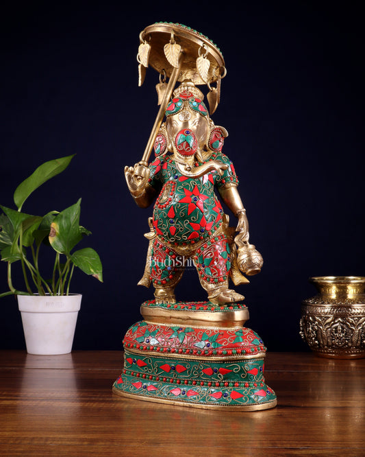 Brass Ganesha Statue with umbrella and kamandal | 15" with floral stonework