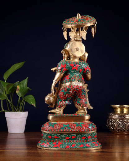 Brass Ganesha Statue with umbrella and kamandal | 15" with floral stonework