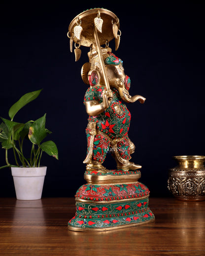 Brass Ganesha Statue with umbrella and kamandal | 15" with floral stonework