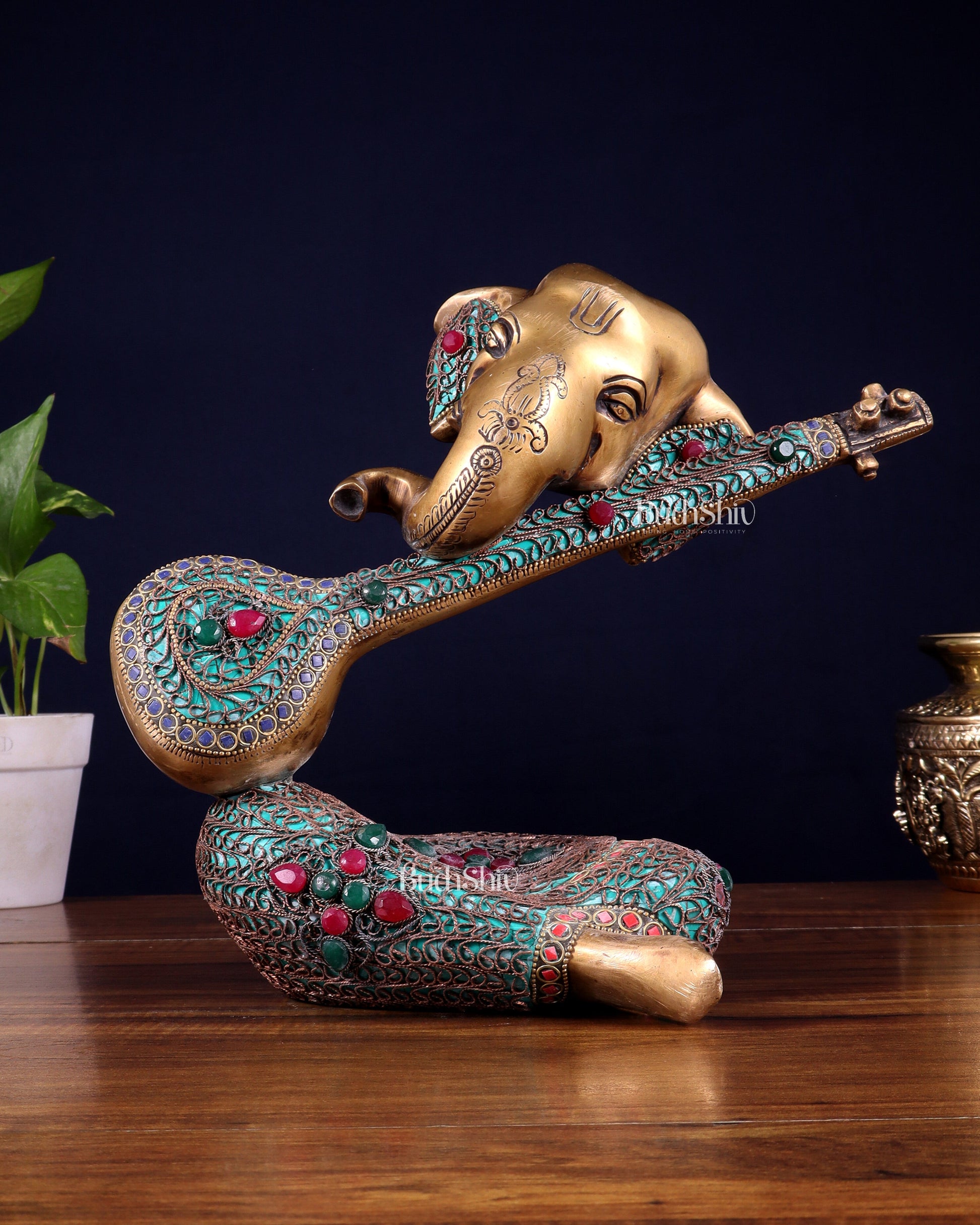 Brass Lord Ganesha with Veena Table Accent Showpiece - 9.5 Inch copper wire work