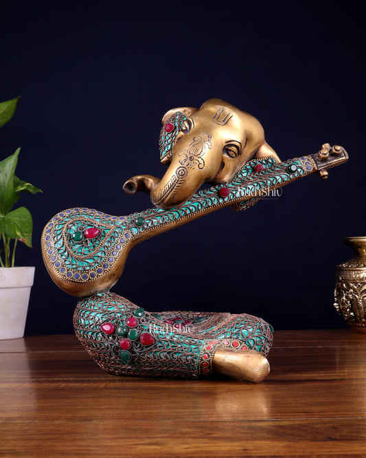 Brass Lord Ganesha with Veena Table Accent Showpiece - 9.5 Inch copper wire work