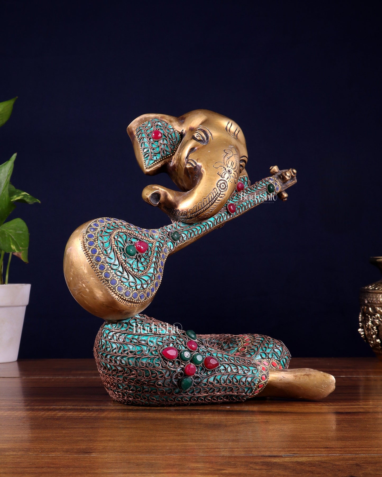 Brass Lord Ganesha with Veena Table Accent Showpiece - 9.5 Inch copper wire work