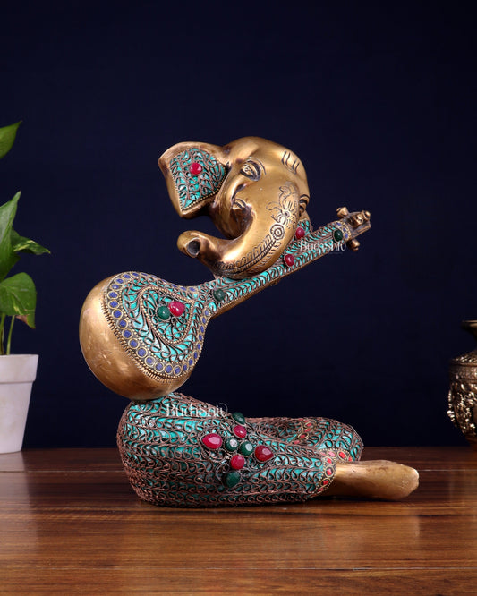Brass Lord Ganesha with Veena Table Accent Showpiece - 9.5 Inch copper wire work