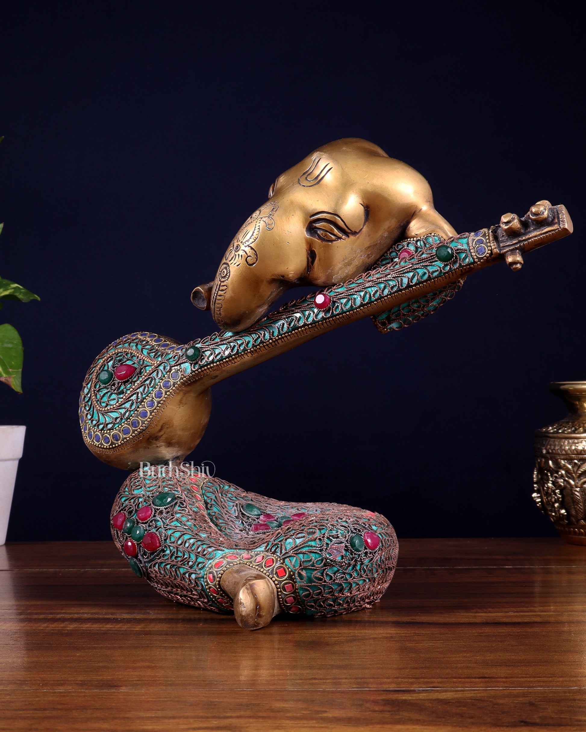 Brass Lord Ganesha with Veena Table Accent Showpiece - 9.5 Inch copper wire work