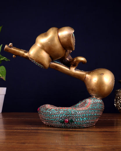 Brass Lord Ganesha with Veena Table Accent Showpiece - 9.5 Inch copper wire work