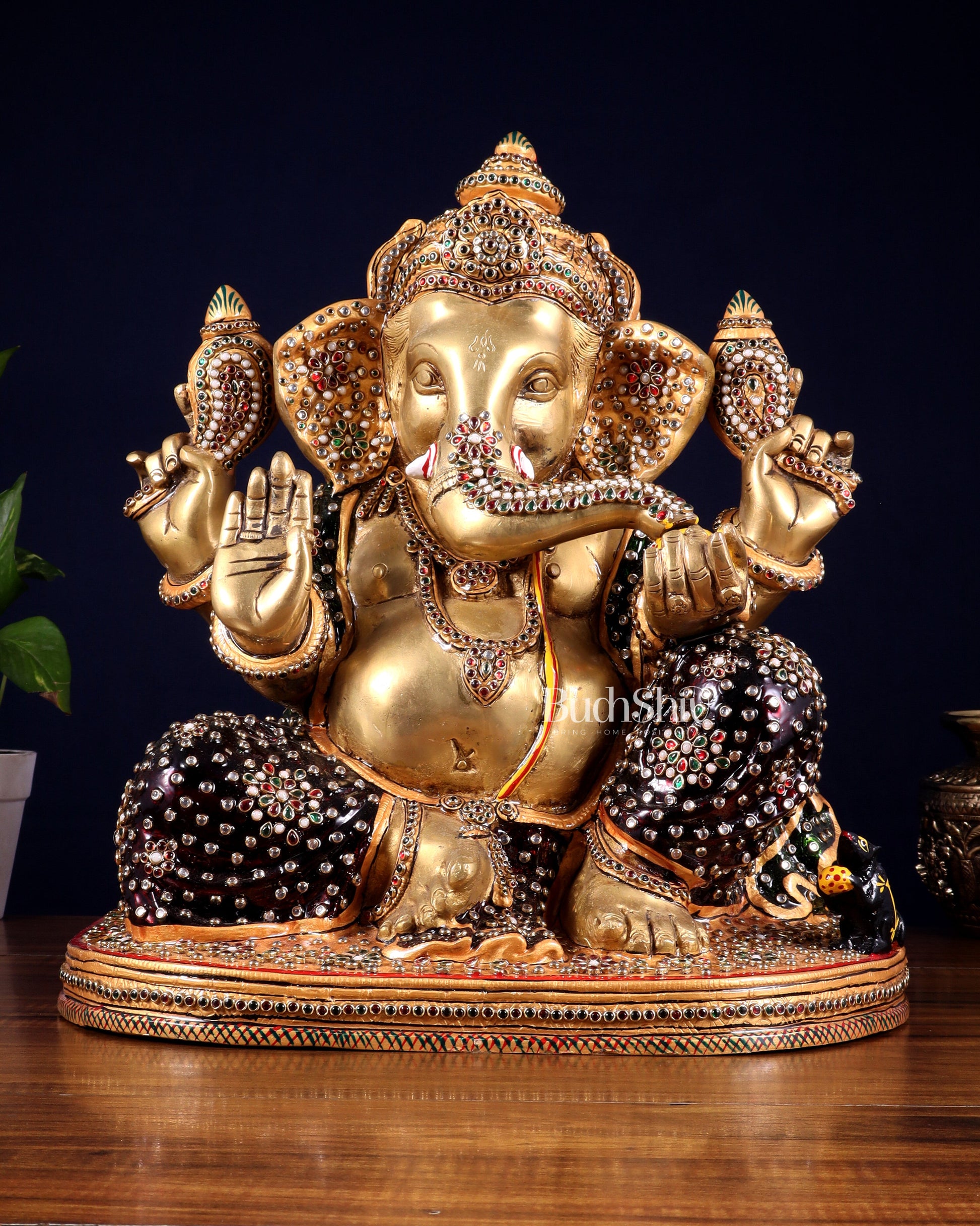 Brass Ganesha statue unique work - 15 inch laakh meenakari