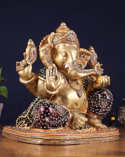 Brass Ganesha statue unique work - 15 inch laakh meenakari
