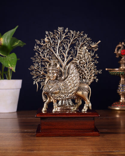 Brass Superfine Kamdhenu Cow with Goddess Face under Kalpavriksha tree on Wooden Base – 8 Inch