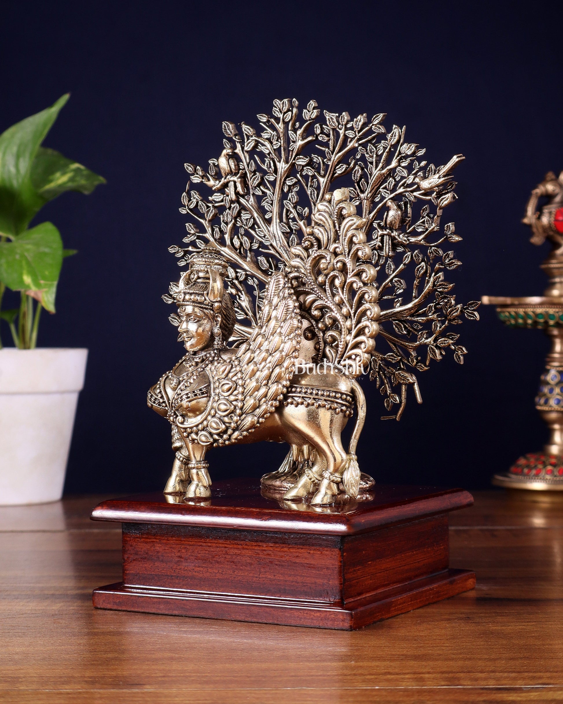 Brass Superfine Kamdhenu Cow with Goddess Face under Kalpavriksha tree on Wooden Base – 8 Inch