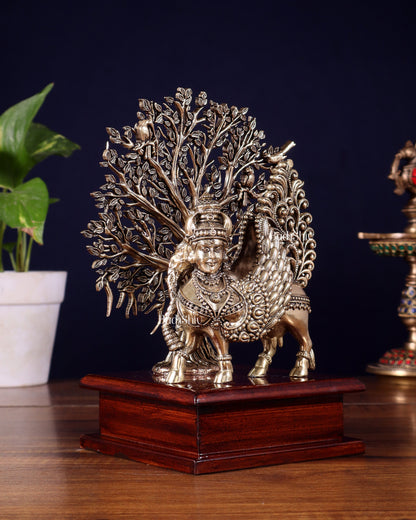Brass Superfine Kamdhenu Cow with Goddess Face under Kalpavriksha tree on Wooden Base – 8 Inch