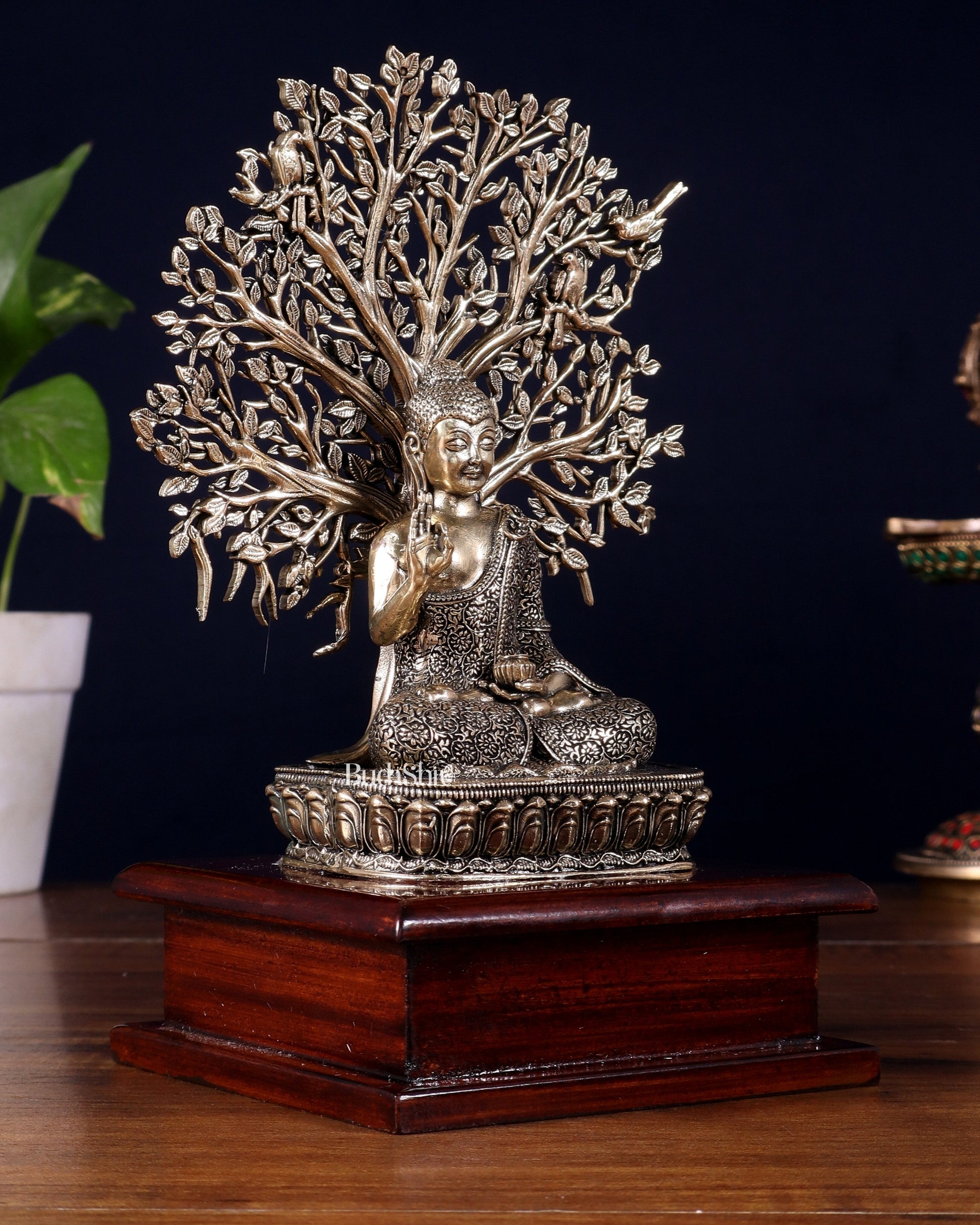 Brass Superfine Buddha with Kalpavriksha on Wooden Base – 8.5 Inch