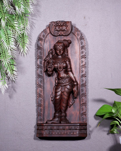 Handcrafted Wooden Meenakshi Amman Wall Hanging – 18 Inch