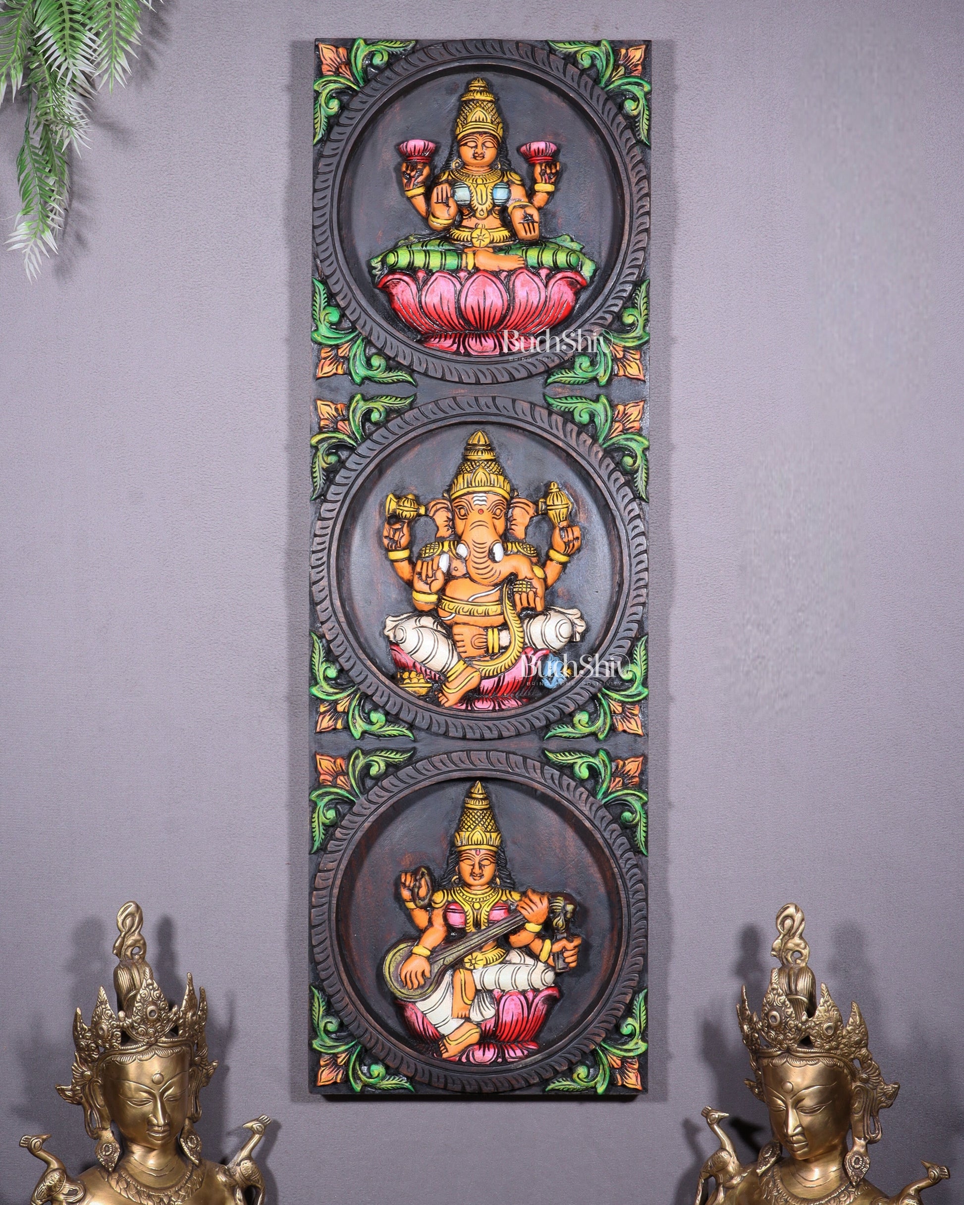 Hand-Painted Wooden Ganesha Lakshmi Saraswati Wall Hanging – 36 Inch