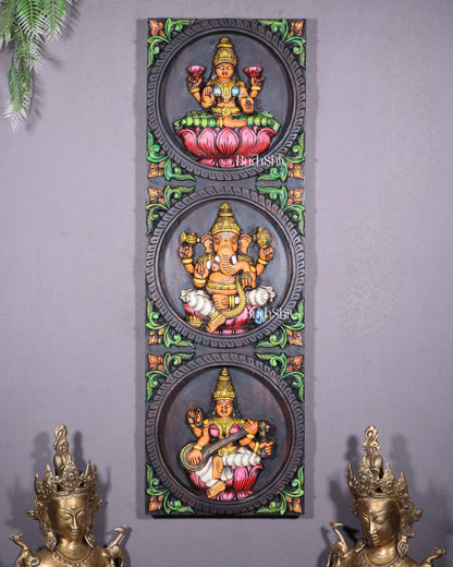 Hand-Painted Wooden Ganesha Lakshmi Saraswati Wall Hanging – 36 Inch