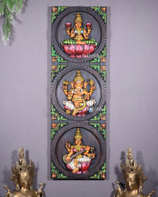 Hand-Painted Wooden Ganesha Lakshmi Saraswati Wall Hanging – 36 Inch