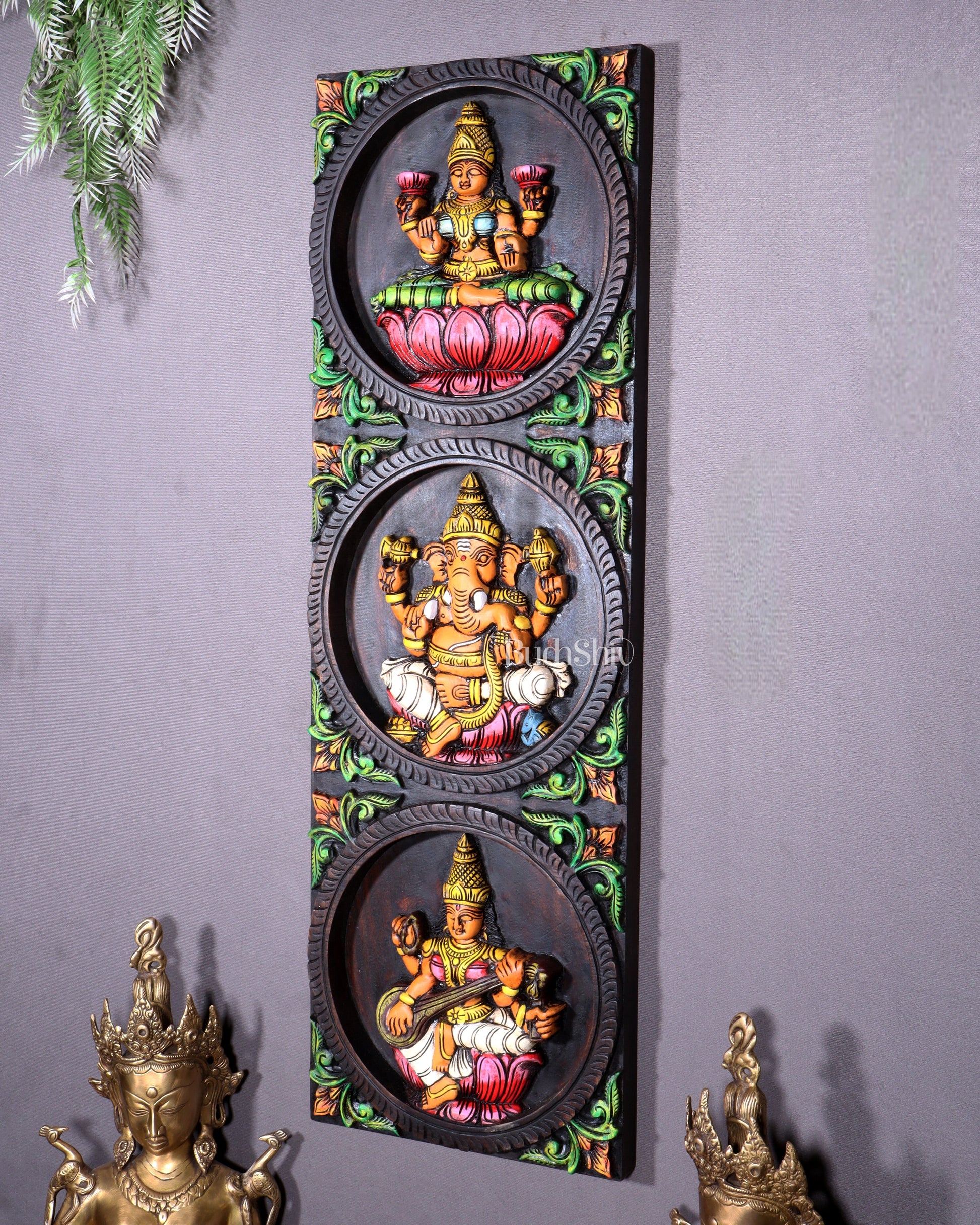 Hand-Painted Wooden Ganesha Lakshmi Saraswati Wall Hanging – 36 Inch