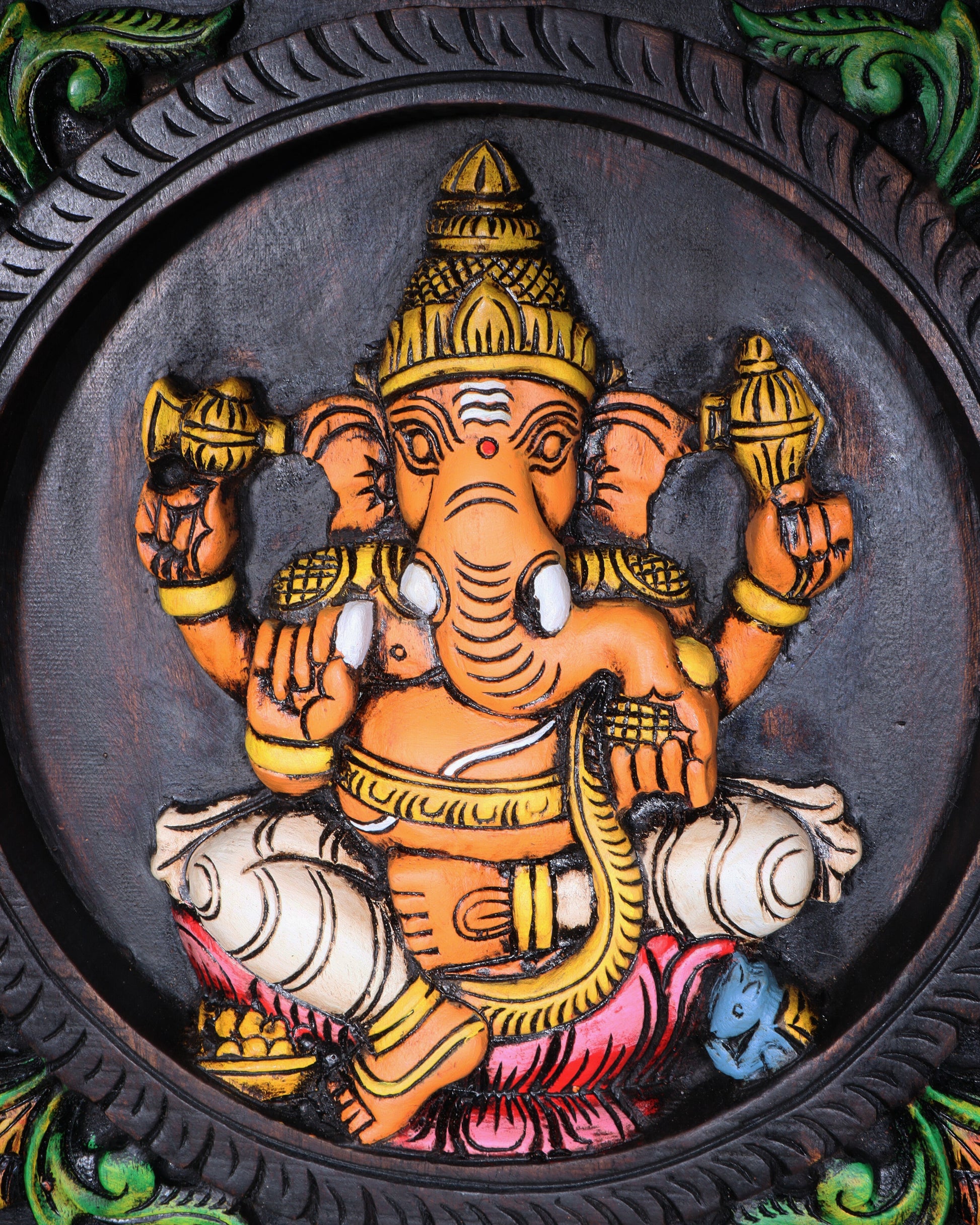 Hand-Painted Wooden Ganesha Lakshmi Saraswati Wall Hanging – 36 Inch