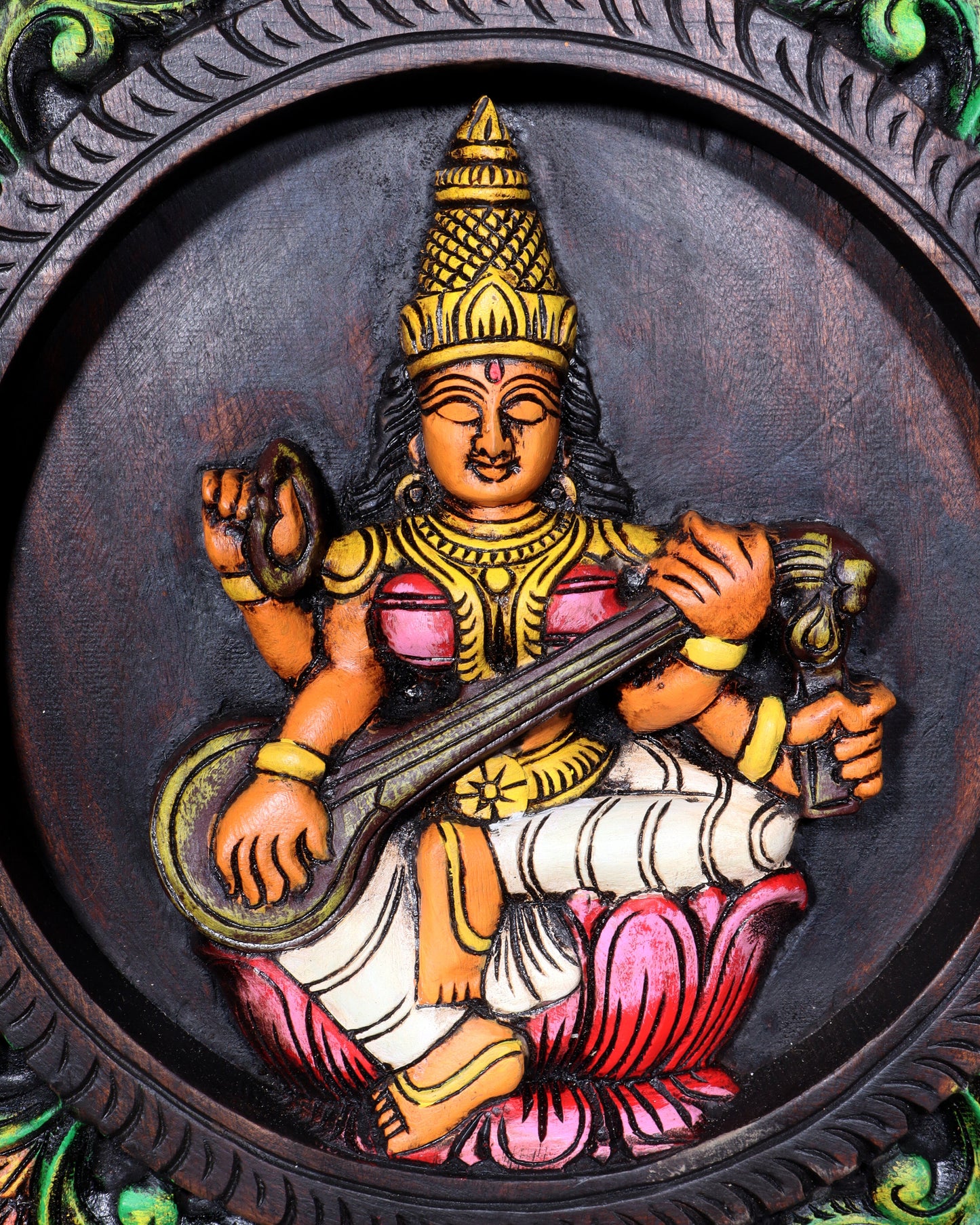 Hand-Painted Wooden Ganesha Lakshmi Saraswati Wall Hanging – 36 Inch