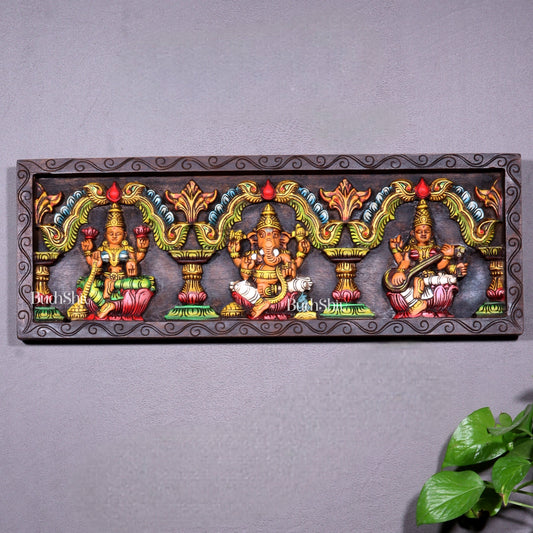 Hand-Painted Wooden Ganesha Lakshmi Saraswati Horizontal Wall Hanging – 24 Inch
