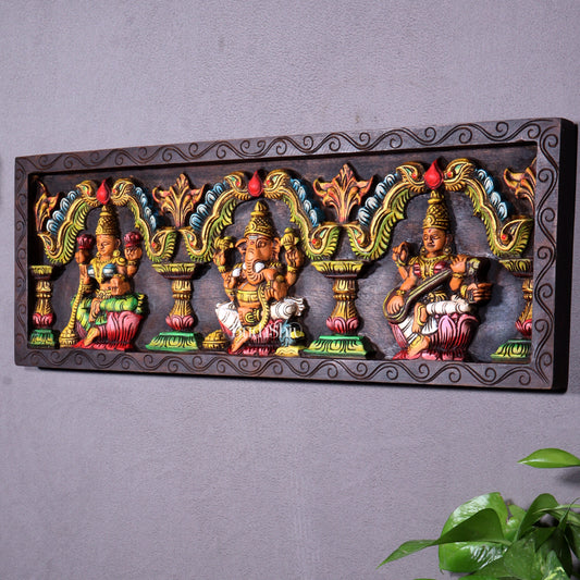 Hand-Painted Wooden Ganesha Lakshmi Saraswati Horizontal Wall Hanging – 24 Inch