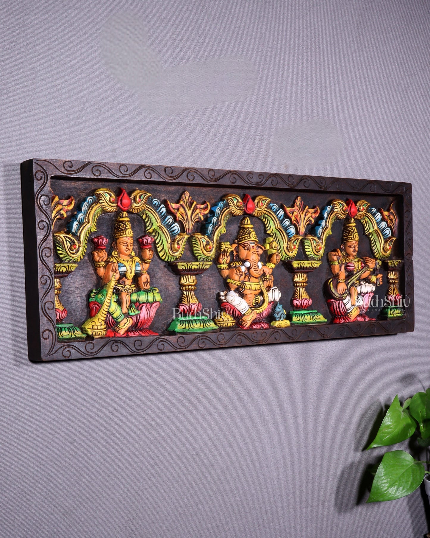 Hand-Painted Wooden Ganesha Lakshmi Saraswati Horizontal Wall Hanging – 24 Inch