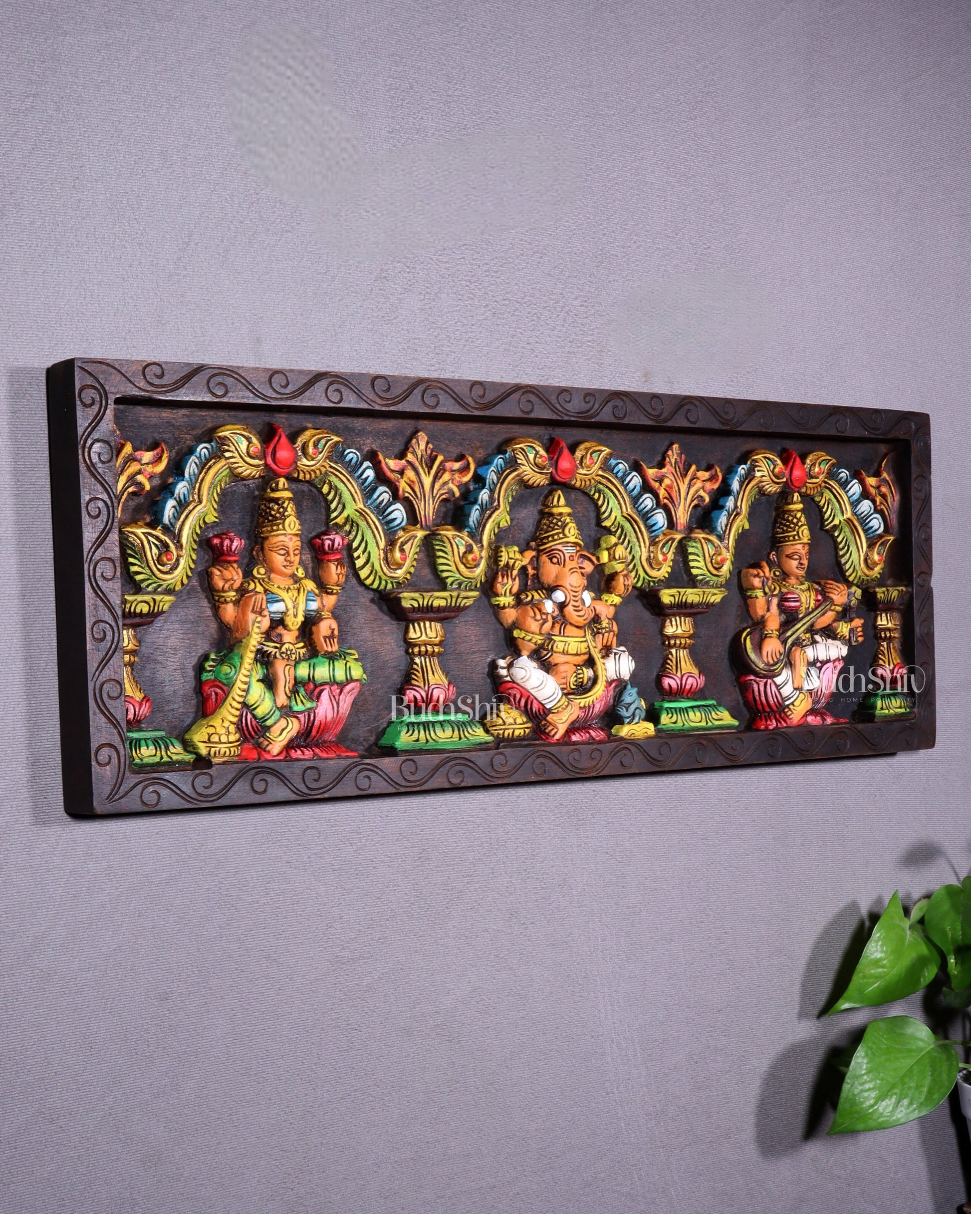 Hand-Painted Wooden Ganesha Lakshmi Saraswati Horizontal Wall Hanging – 24 Inch