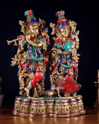Pure Brass Radha Krishna statue meenakari Stonework– 29"