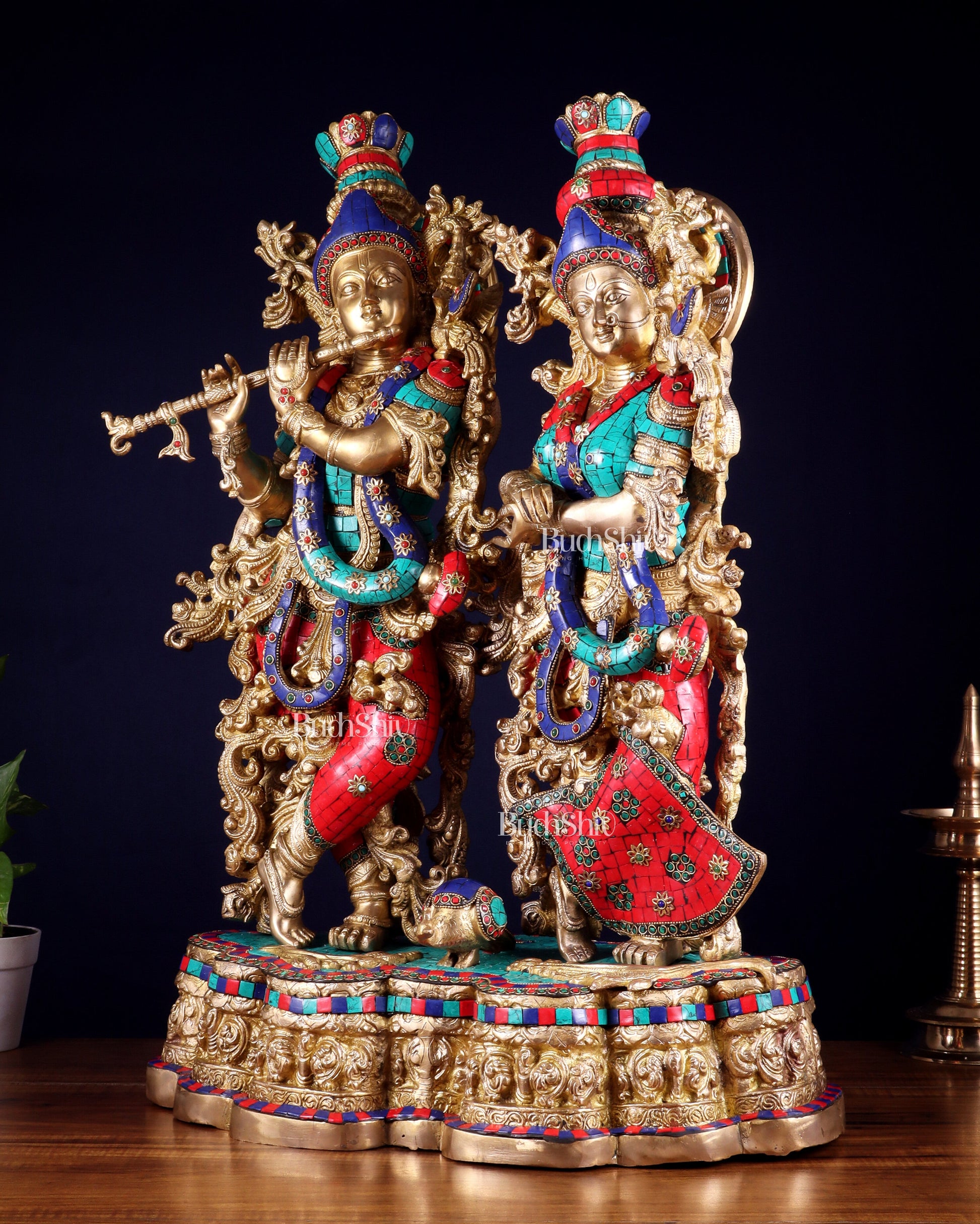 Pure Brass Radha Krishna statue meenakari Stonework– 29"