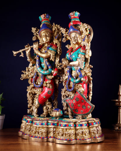 Pure Brass Radha Krishna statue meenakari Stonework– 29"