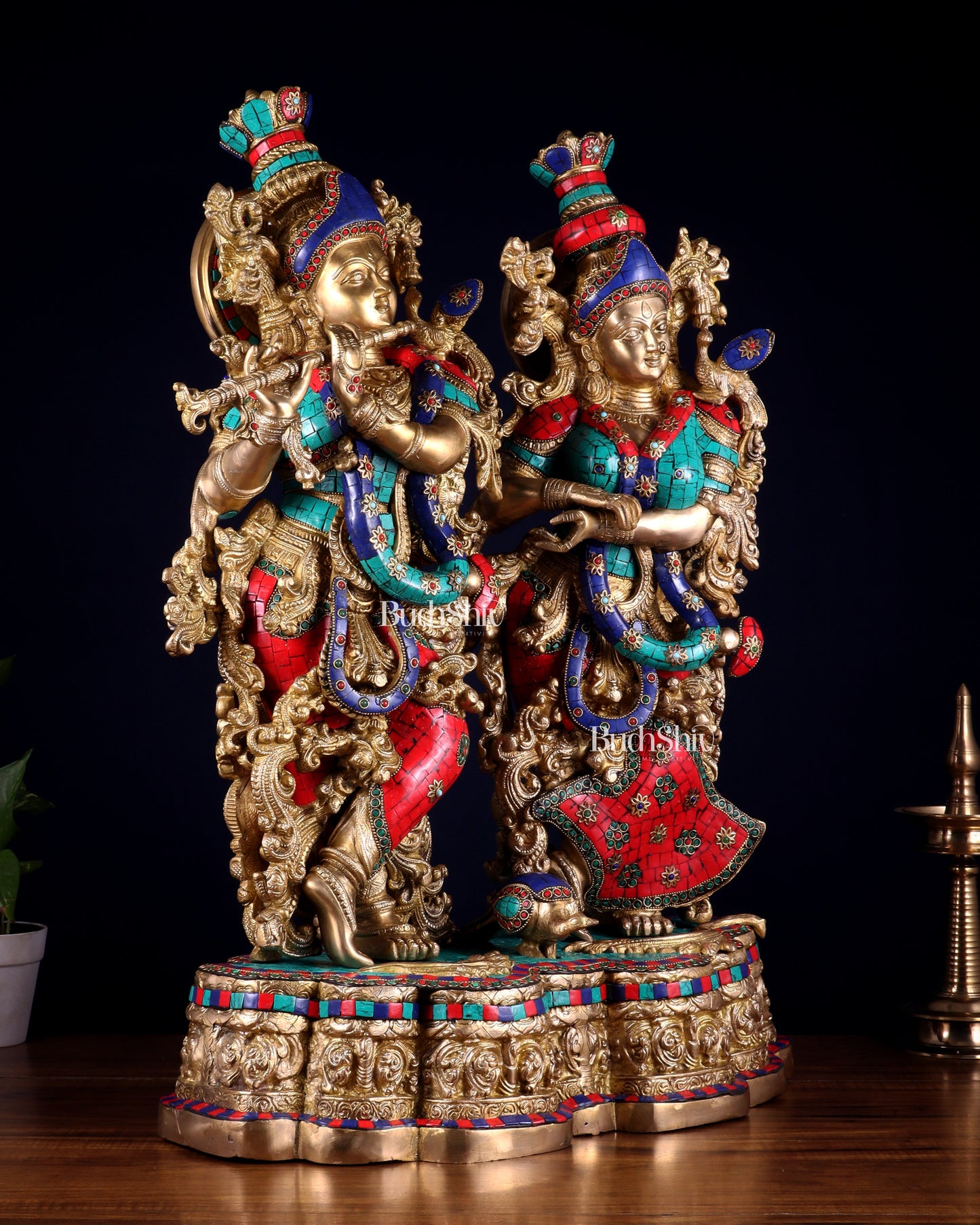 Pure Brass Radha Krishna statue meenakari Stonework– 29"