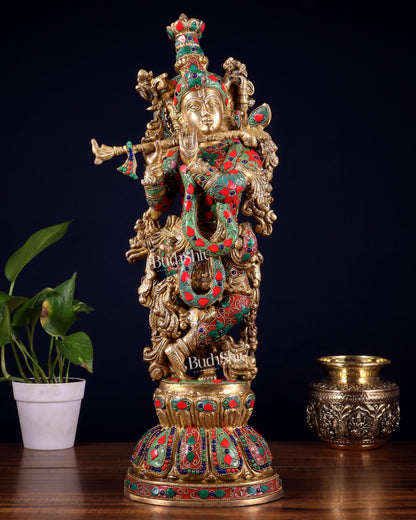 Pure Brass Krishna Statue with floral Stonework, 21" Height