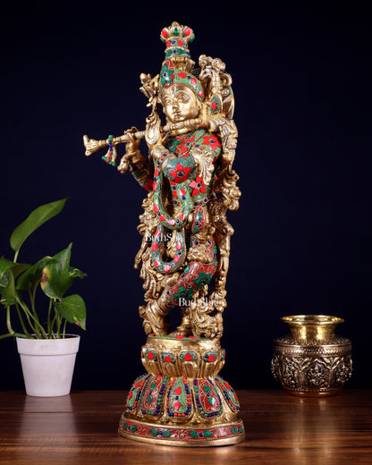 Pure Brass Krishna Statue with floral Stonework, 21" Height