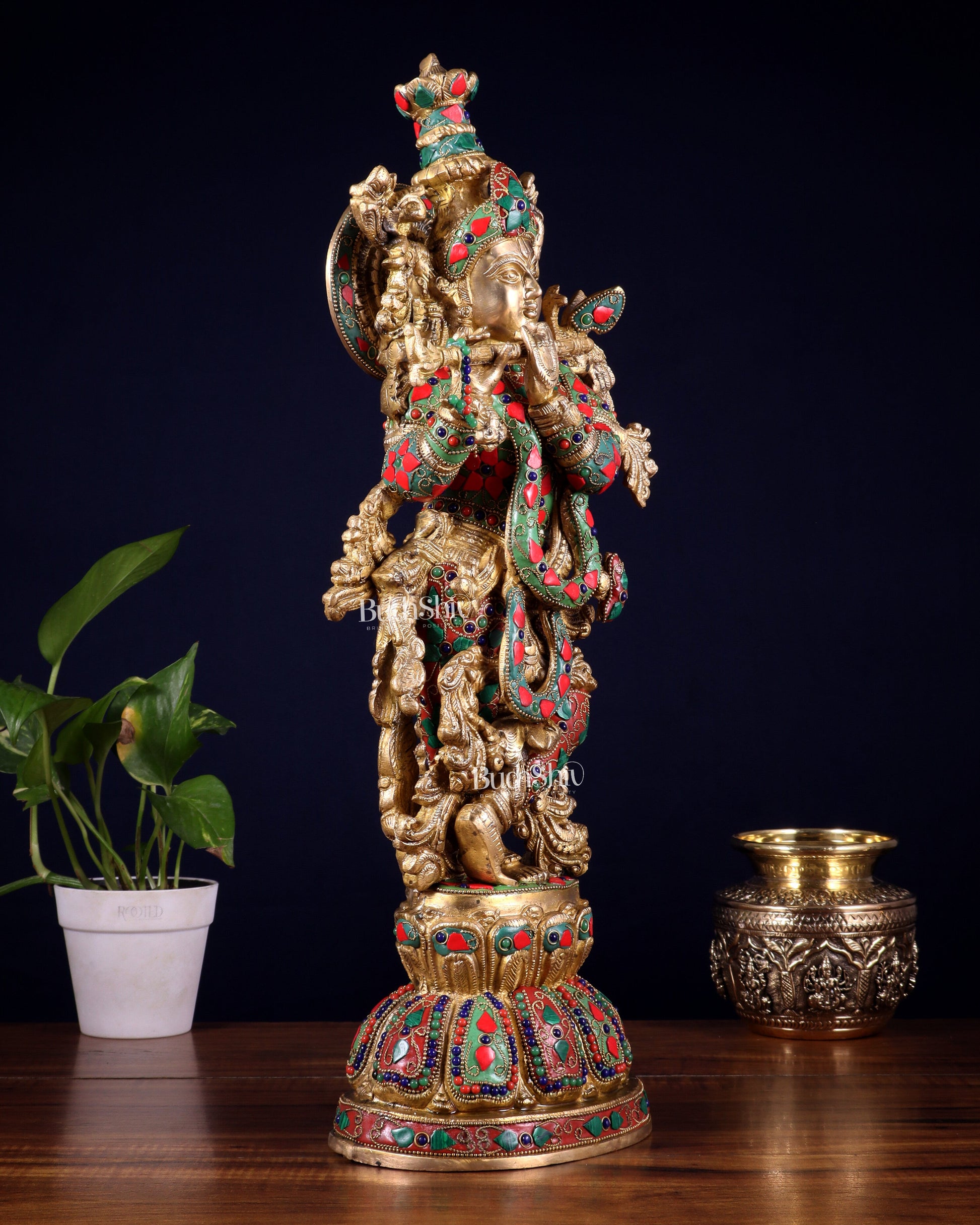 Pure Brass Krishna Statue with floral Stonework, 21" Height