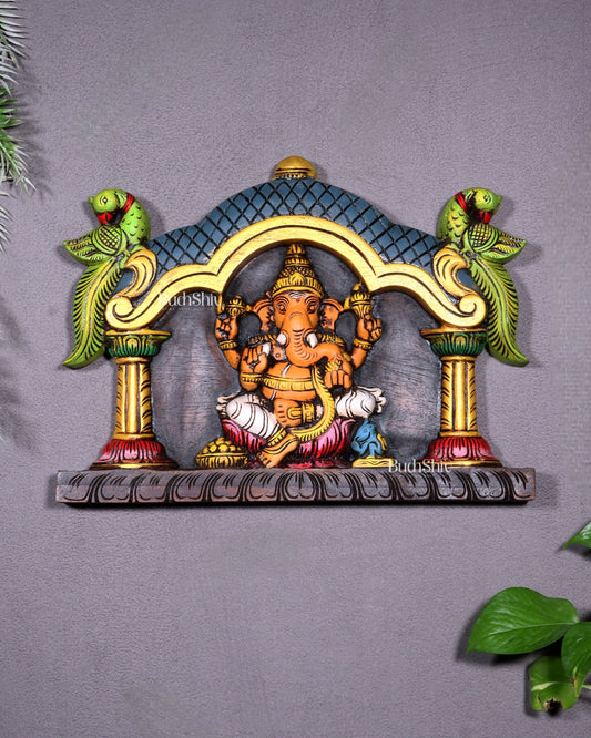 Hand-Painted Wooden Ganesha with Two Parrots Wall Hanging – 15.5 Inch