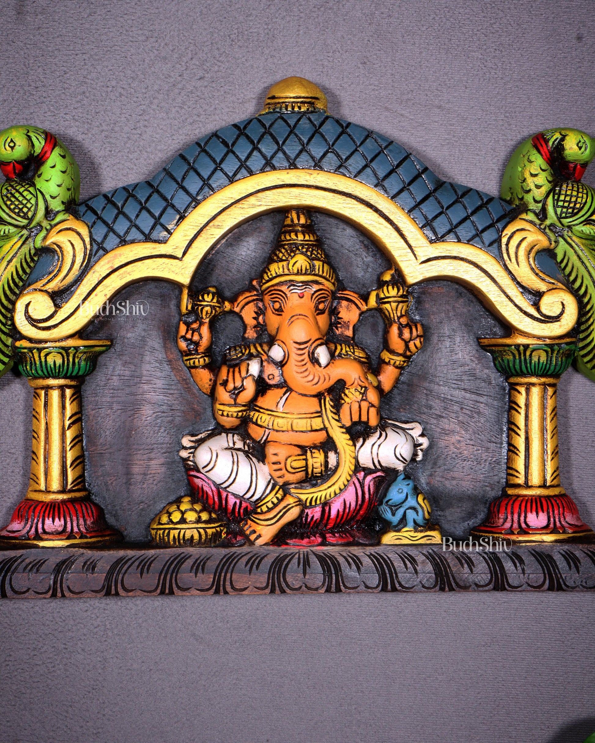 Hand-Painted Wooden Ganesha with Two Parrots Wall Hanging – 15.5 Inch