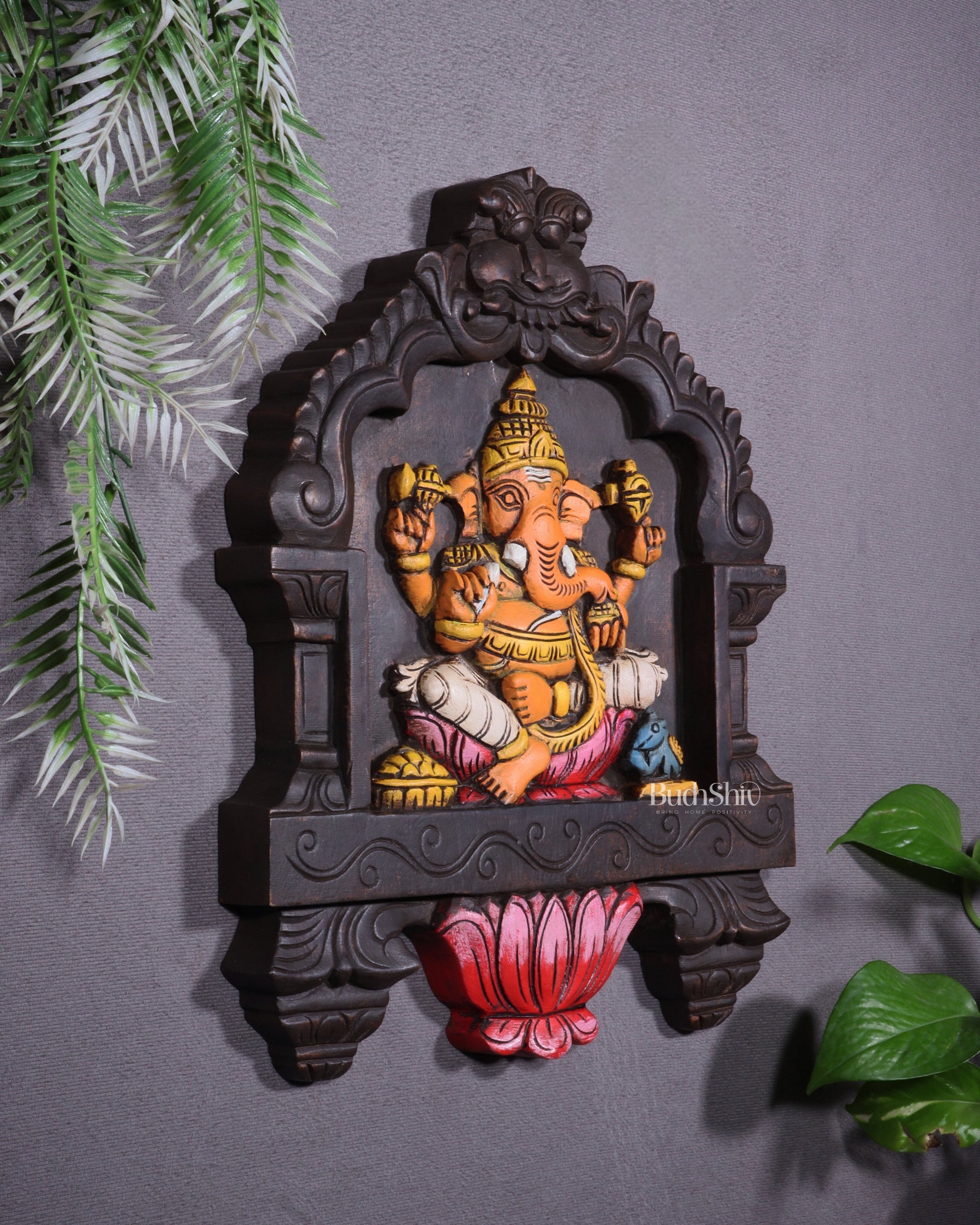 Hand-Painted Wooden Ganesha Wall Hanging with Lotus – 15 Inch