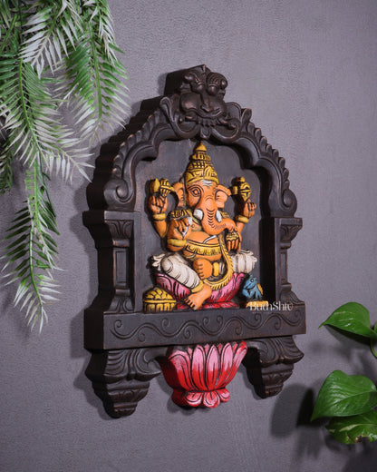Hand-Painted Wooden Ganesha Wall Hanging with Lotus – 15 Inch