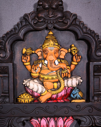 Hand-Painted Wooden Ganesha Wall Hanging with Lotus – 15 Inch