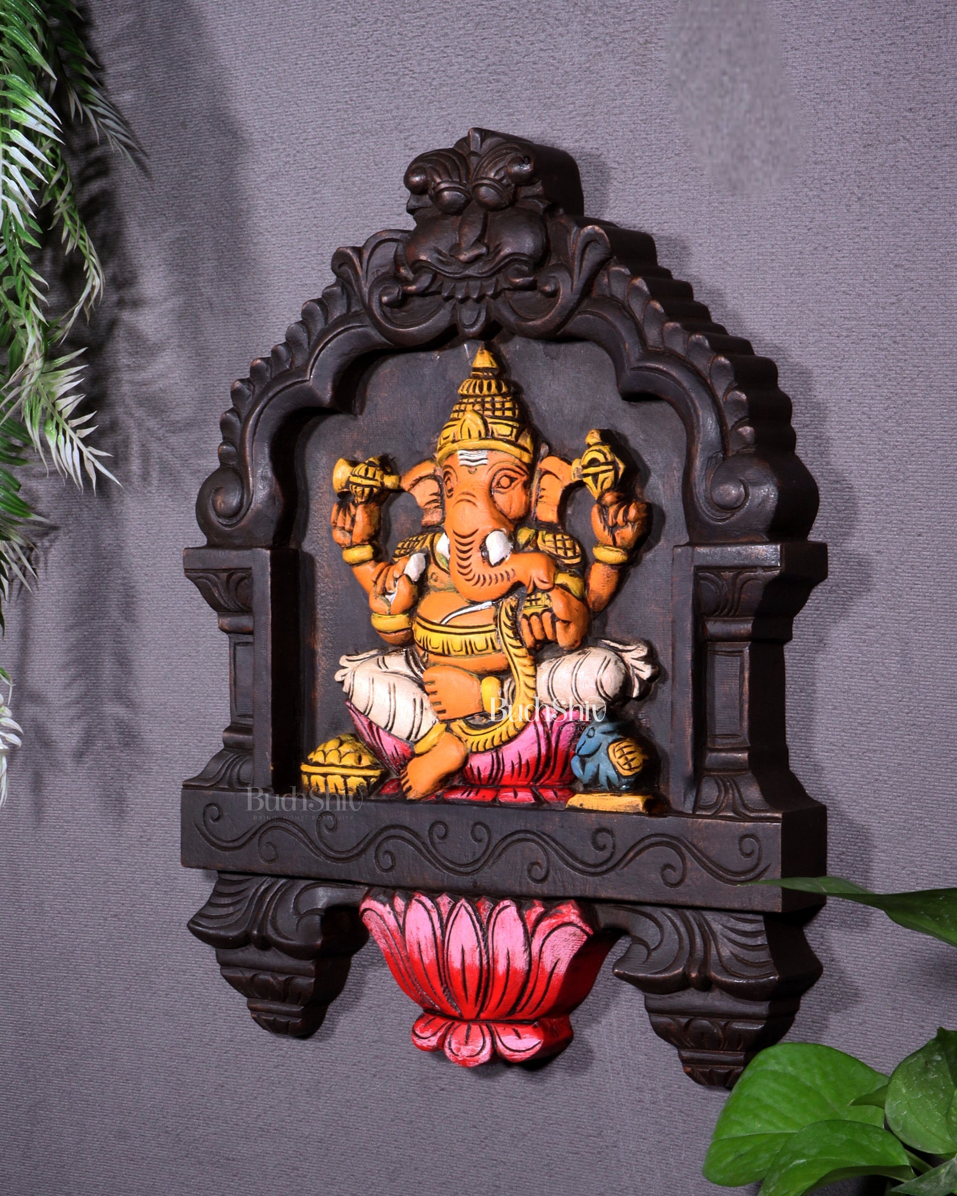Hand-Painted Wooden Ganesha Wall Hanging with Lotus – 15 Inch