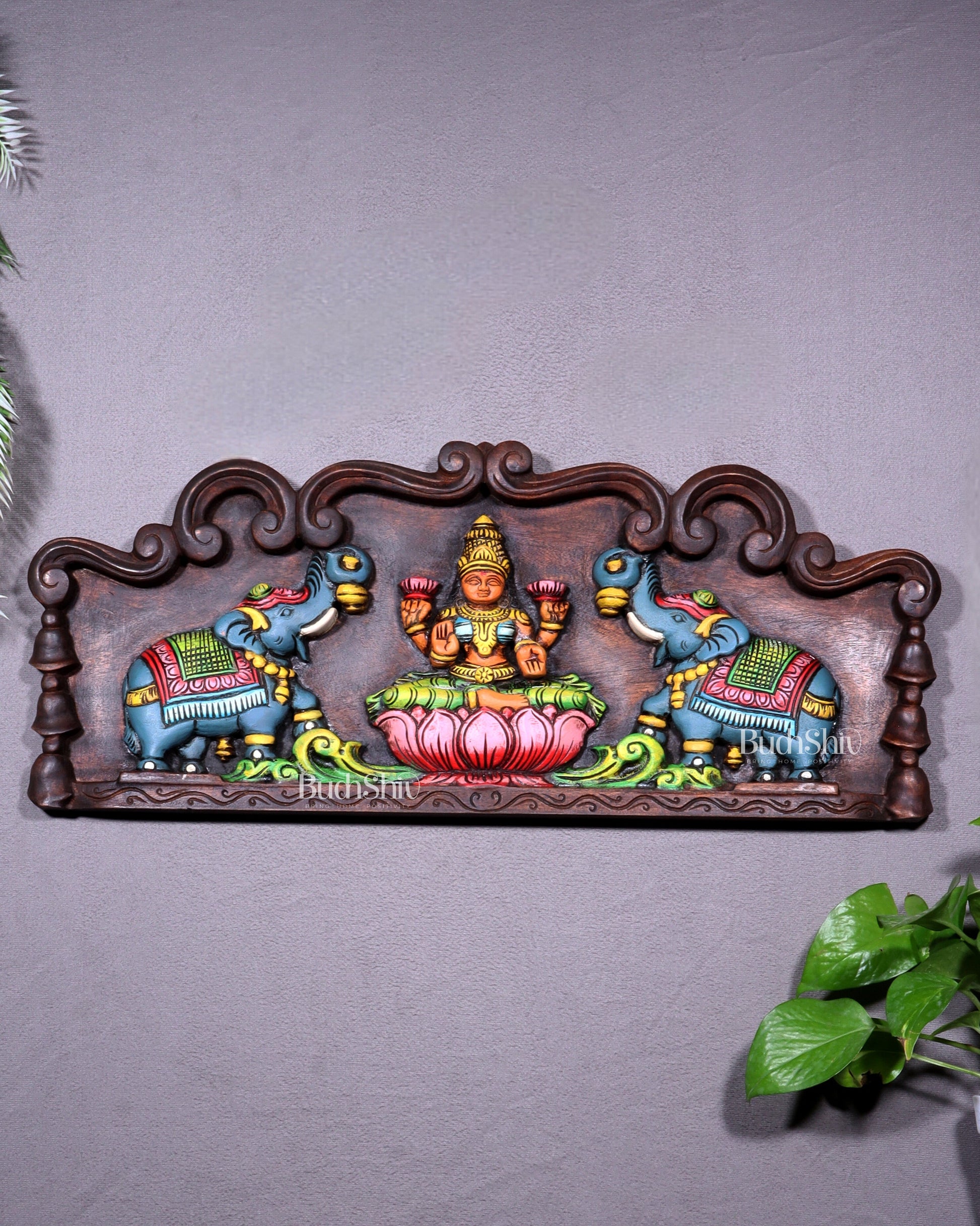 Hand-Painted Wooden Gajalakshmi Wall Hanging Panel – 24 Inch