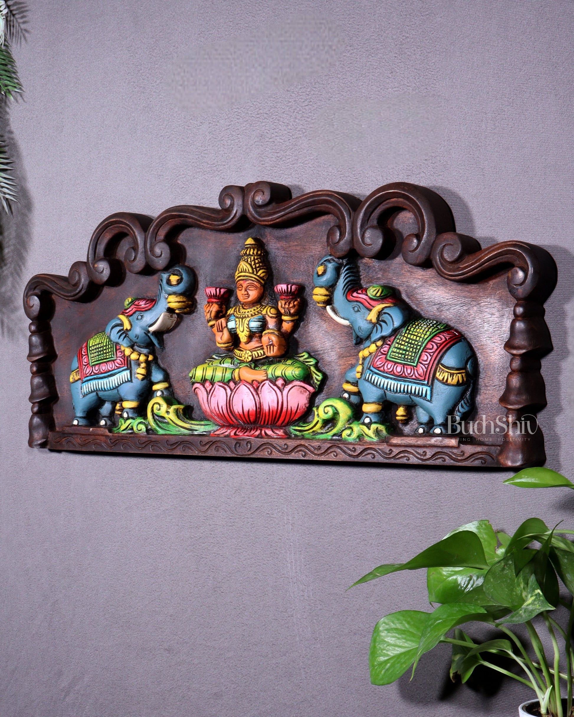 Hand-Painted Wooden Gajalakshmi Wall Hanging Panel – 24 Inch