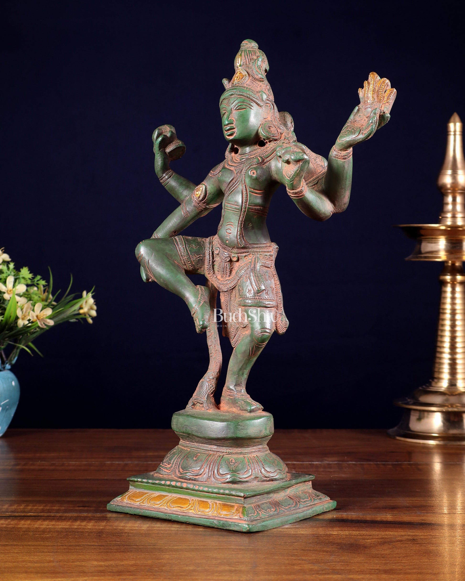 Pure Brass Dancing Shiva Statue – Green Patina & Sand Finish 11.5 inch