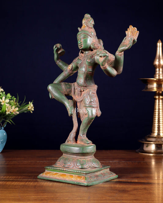 Pure Brass Dancing Shiva Statue – Green Patina & Sand Finish 11.5 inch
