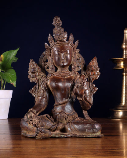 Vintage Brass Green Tara rustic Statue – 10.5 inch