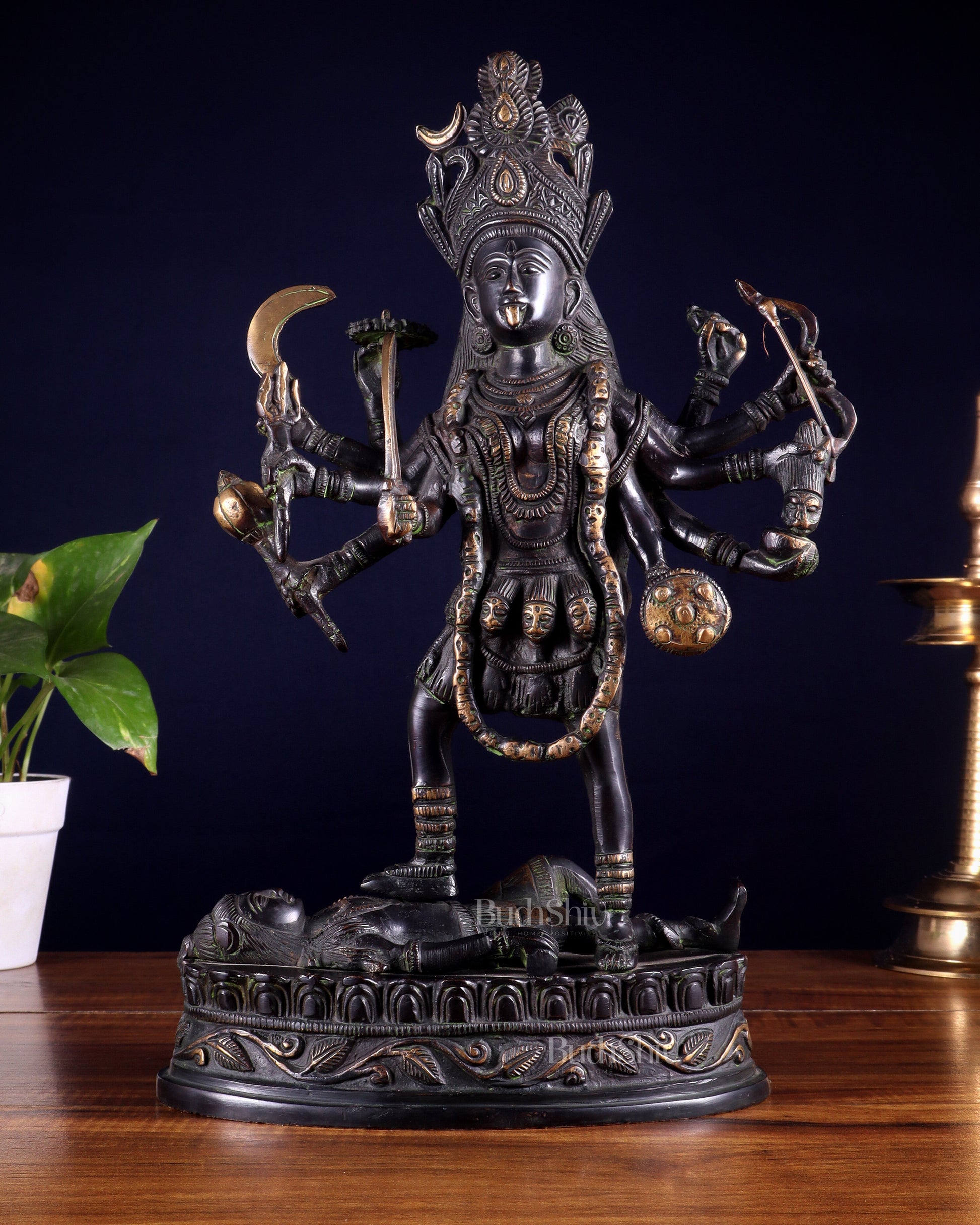 Pure Brass Vintage Goddess Kali Dashbhuja Idol | 14 inch" black edition