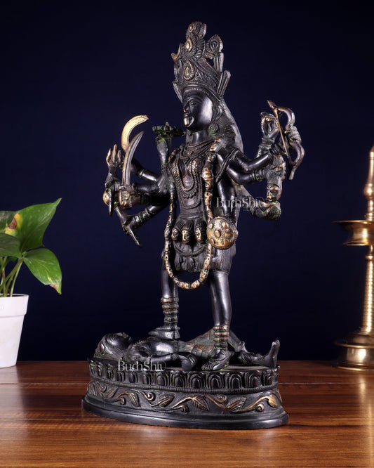Pure Brass Vintage Goddess Kali Dashbhuja Idol | 14 inch" black edition