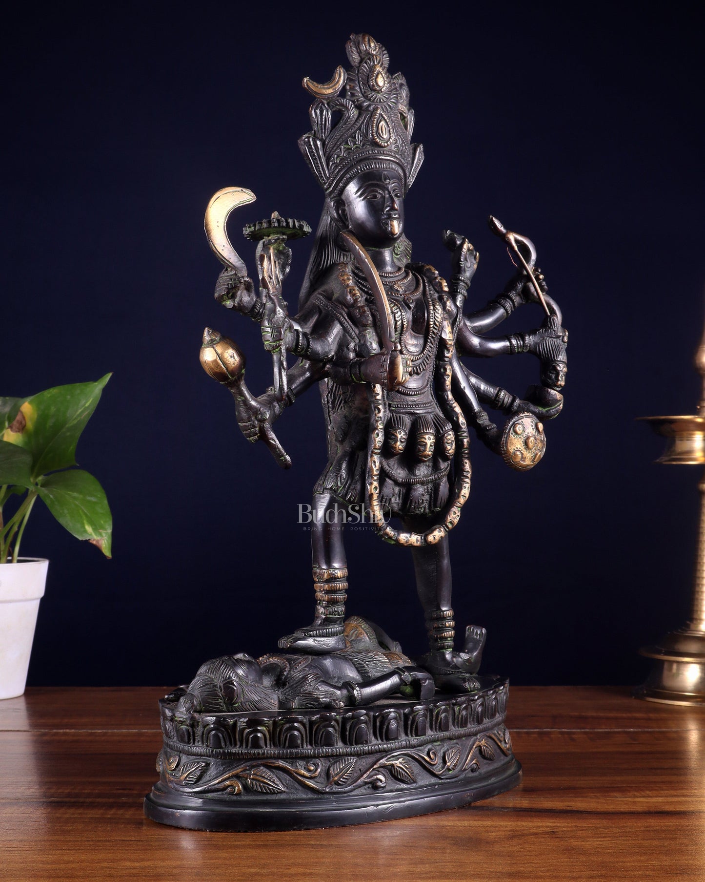 Pure Brass Vintage Goddess Kali Dashbhuja Idol | 14 inch" black edition
