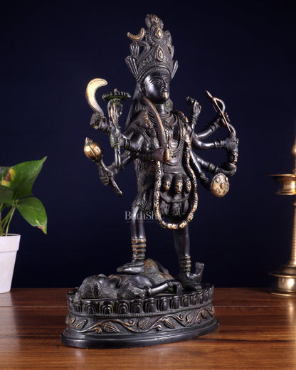 Pure Brass Vintage Goddess Kali Dashbhuja Idol | 14 inch" black edition