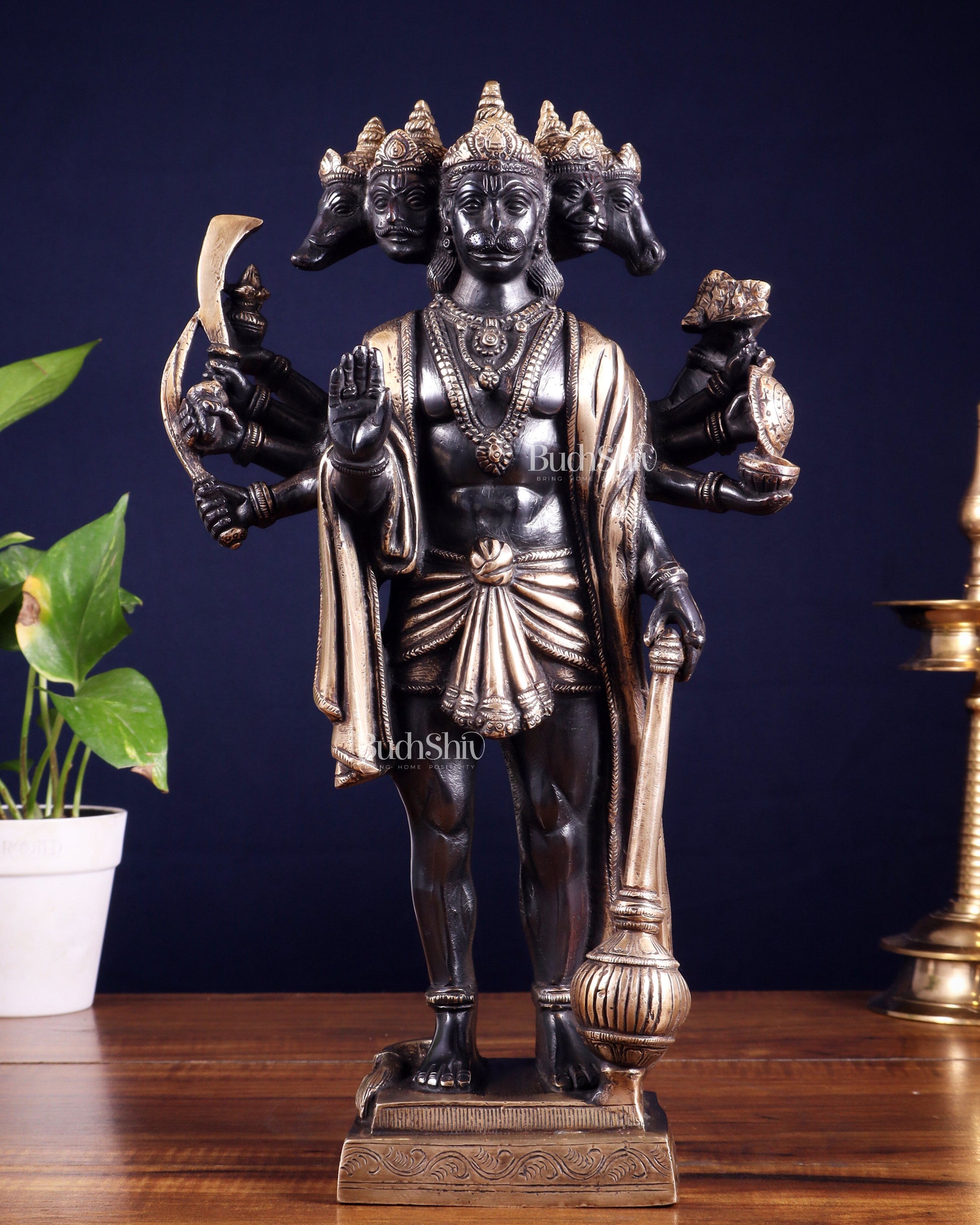 Brass Standing Panchmukhi Hanuman idol 14" black and gold finish