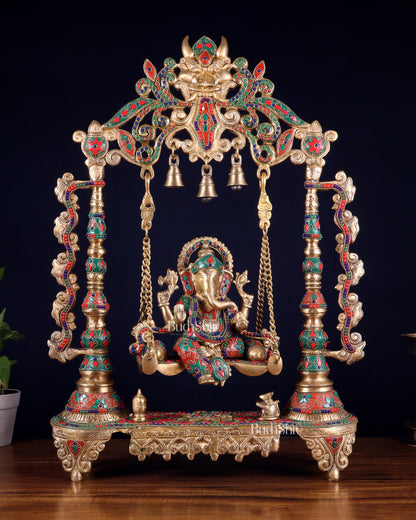 Brass Ganesha idol on large Swing jhoola - 26 inch floral stonework